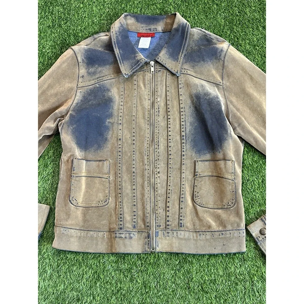 Vintage Y2K Denim Jacket Women Large Tan Blue Ombré Faded Indie Bratz‎ Identity
